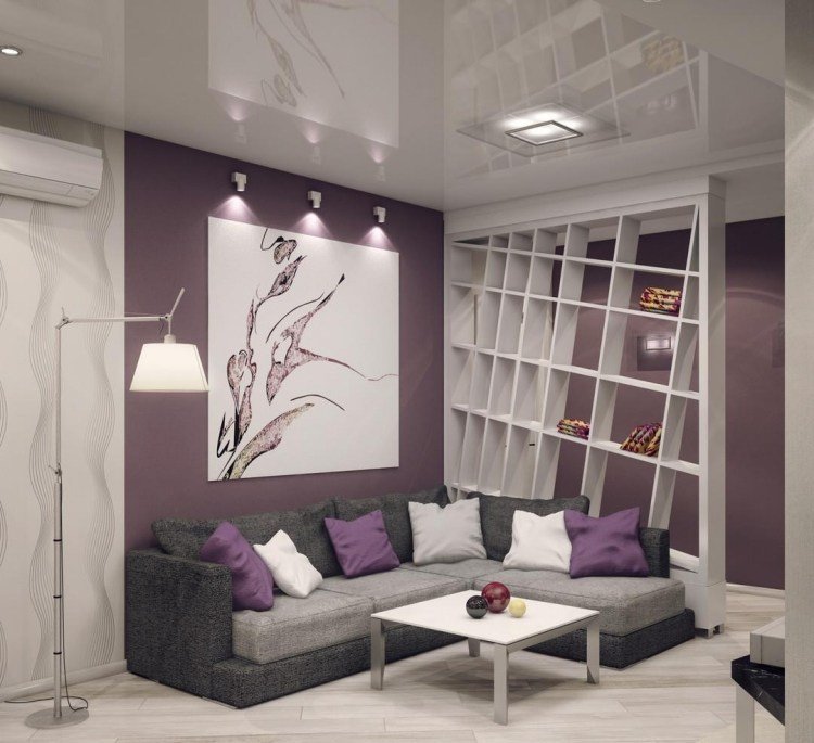 vardagsrum-modern-inredning-lavendel-lila-vägg-färg-grå-vit