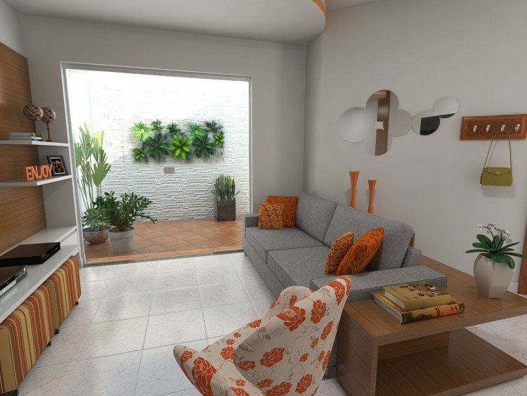vardagsrum-modern-inredning-grå-soffa-orange-accenter