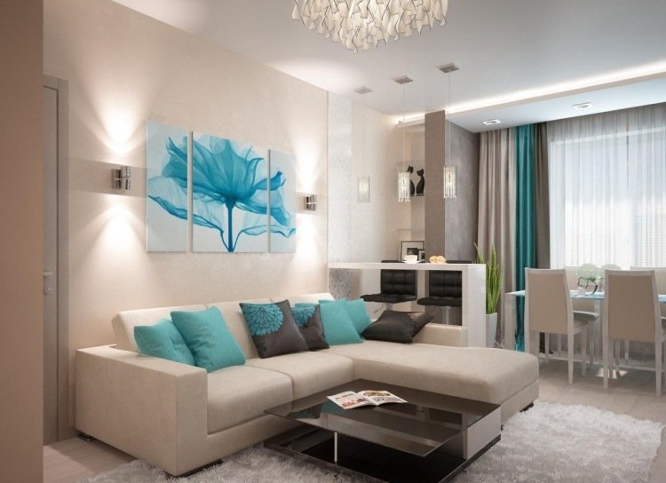 vardagsrum-modern-inredning-grädde-vägg-färg-hörn-soffa-turkos-blå-accenter