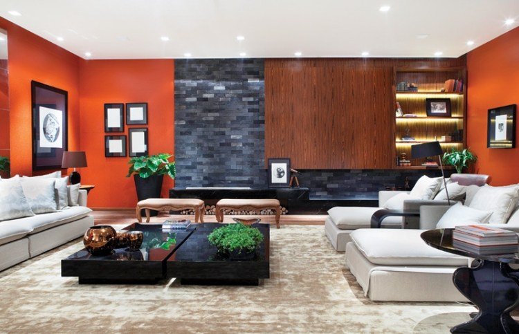 vardagsrum-modern-inredning-vägg-design-orange-vägg-färg-skiffer-mörkt trä
