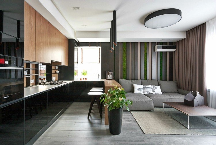 vardagsrum-modern-design-öppet-kök-grått-svart-grönt-trä