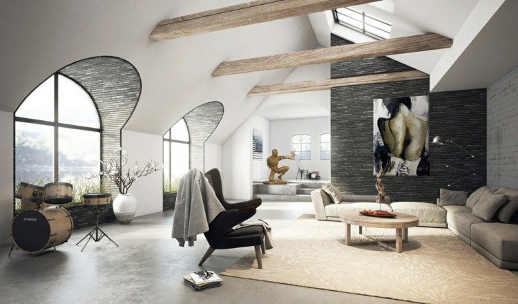 vardagsrum-utan-tv-sluttande tak-takfönster-modern-design-soffbord-runda