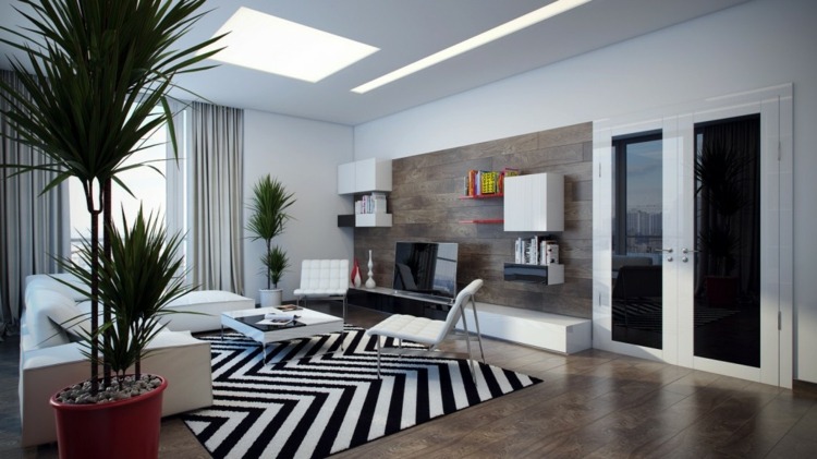 vardagsrum mattor sicksack design svartvitt vägg enhet modern lowboard