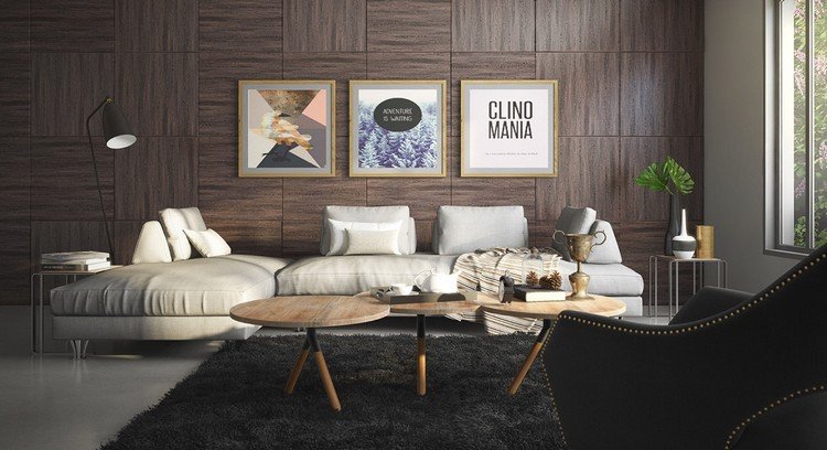 vardagsrum-vägg-design-exempel-trä-vägg-paneler-mörk-ljus-grå-soffa