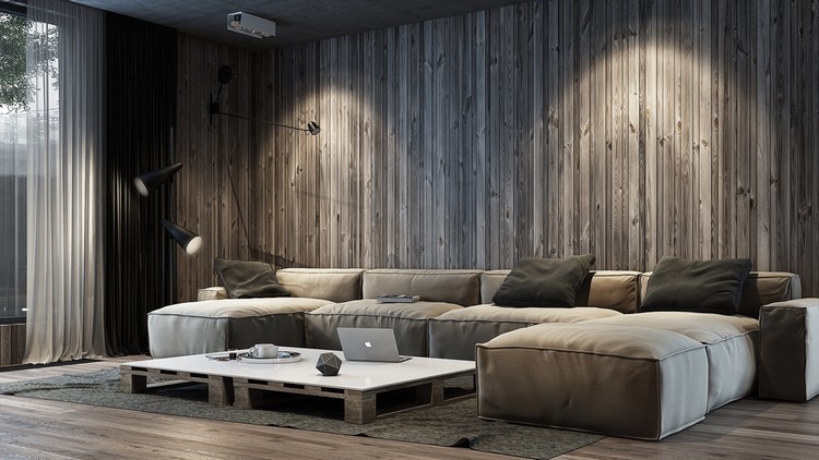 vardagsrum-vägg-design-exempel-gammalt-trä-grå-xxl-soffa-pall-soffbord