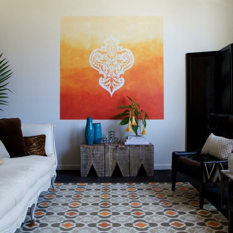 vardagsrum vägg design orange ombre accent mönster