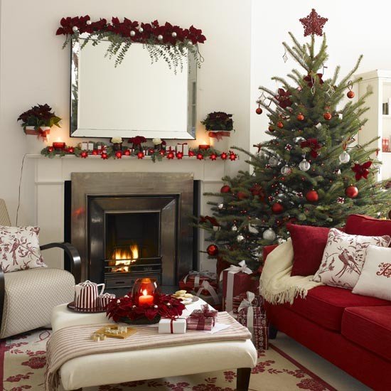 Vardagsrum-till jul-dekorera-röda-vita-julstjärnor