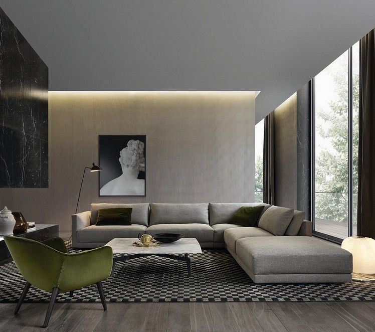 Vardagsrumsbelysning-indirekt-tak-modern-grå-soffa-trägolv