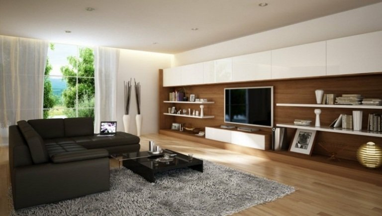 vardagsrum möbler idéer vägg enhet idé brun trä hyllor svart lädersoffa