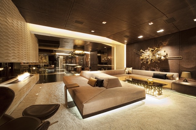 modernt-vardagsrum-möbler-idéer-brun-under-belysning-effekter-soffa-soffbord