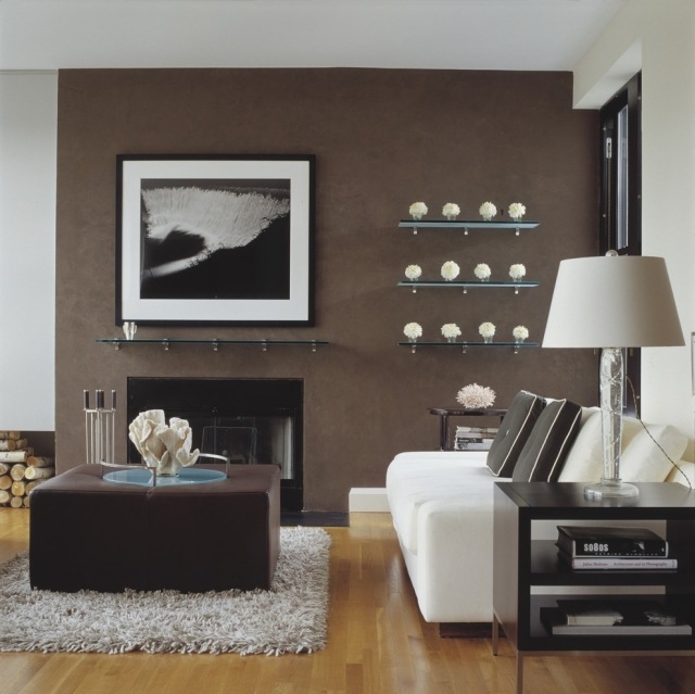 modernt vardagsrum-brunt trägolv-öppen spis-vit-soffa-glas-vägg-hyllor