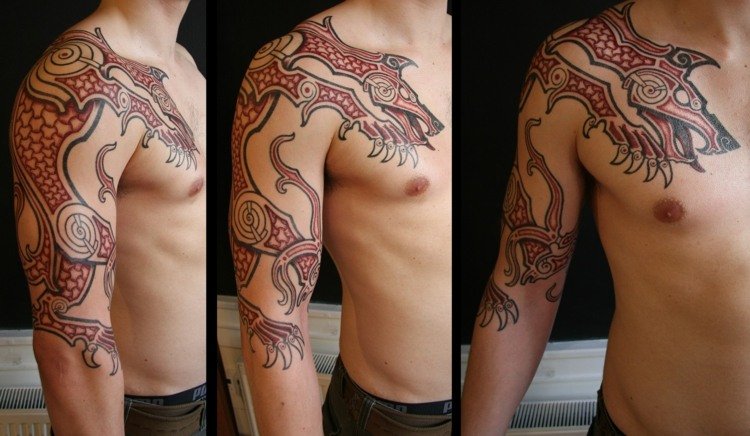 varg tatuering nordisk röd färg idé klo arm