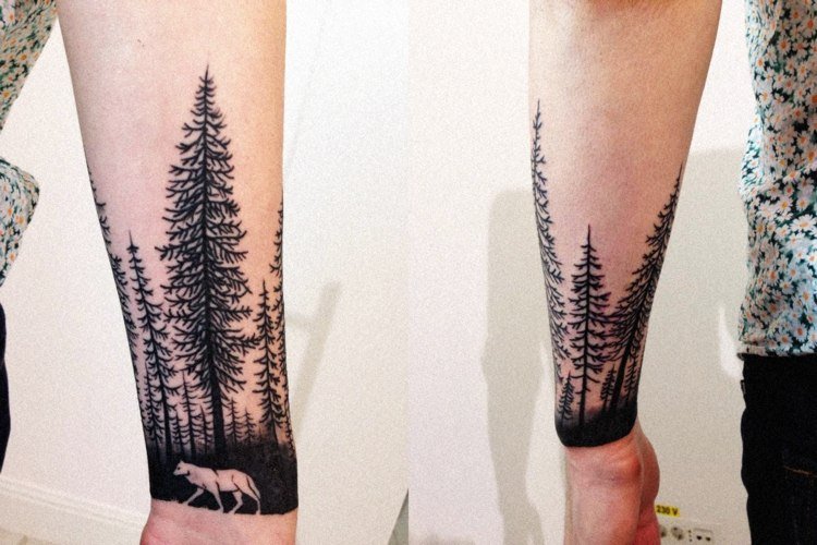 tatuering varg underarm ensam skog handled design arm