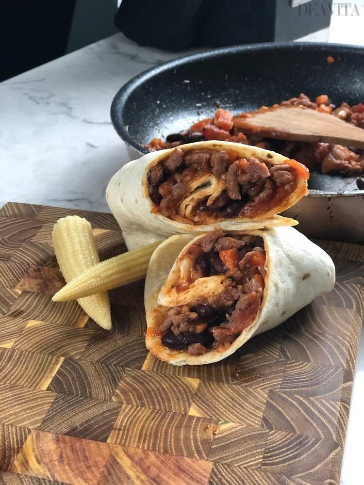 burrito wrap -recept med majskolv och nötkött med svarta bönor