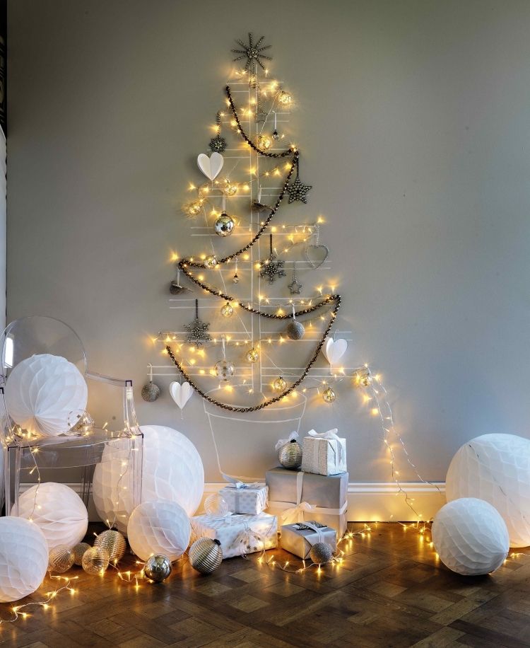 jul-dekoration-idéer-vägg-dekoration-älvlampor-jul-träd-enkelt-vitt