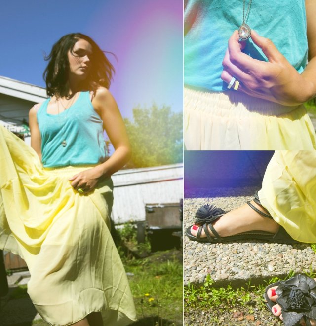 Ombre-gul-kjol-ljusblå-topp-sandaler-kostymsmycken