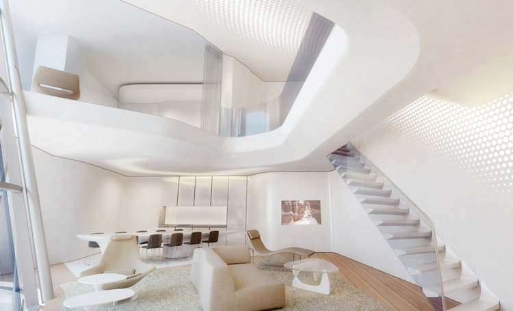 Zaha Hadid-byggnader opus-office-tower-dubai-lägenhet-vit-interiör-trappor
