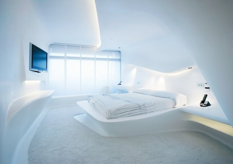 Zaha Hadid-byggnader puerte-america-madrid-hotel-minimalistiska-möbler-vita sovrum
