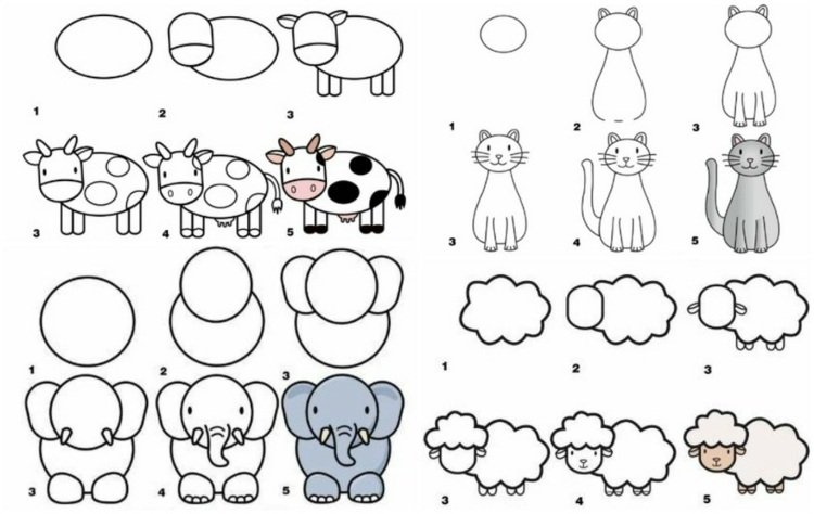 Lär dig att rita djur-ko-elefant-får-katt-instruktioner