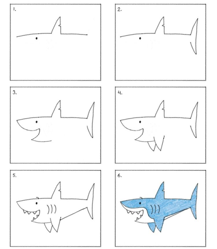 lär dig att rita haj-fisk-steg-lätt