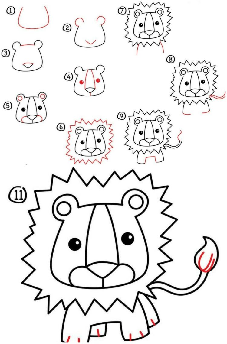 lära sig att rita-lejon-söt-man-huvud-svans