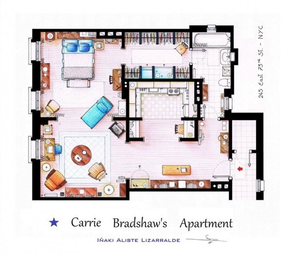 Sex the City Carrie Bradshaw planlösning av favoritlägenhetsserien