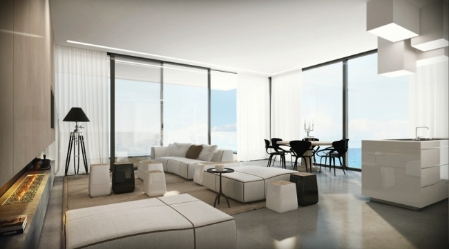Penthouse lägenhet minimalism-inredning-modern inomhus eldstad glasrutor-3d ando-studio