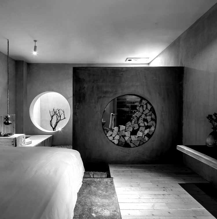 zen design hotellrum minimalistiska träbetongväggar