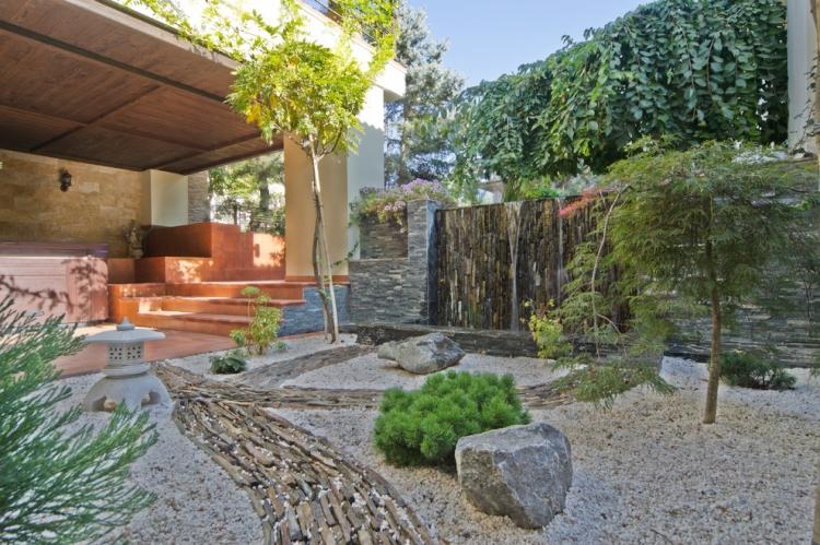 Zen trädgård skapa växter-grus-golv-sten-gångvägar-vattenfall