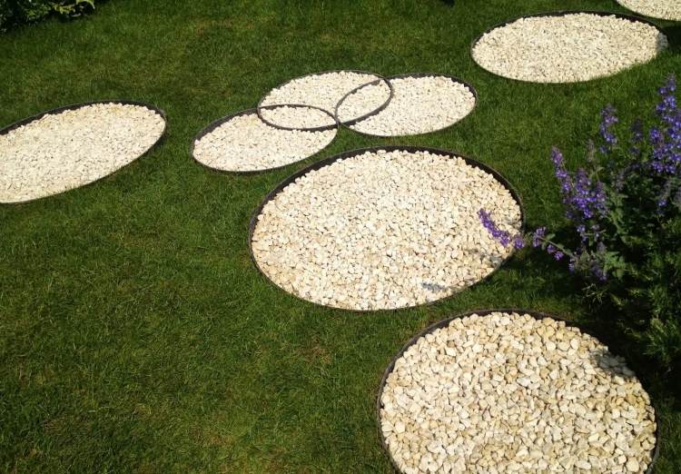 Prydnadsgrus i trädgården-design-cirklar-former-geometrisk-gräsmatta-vita-stenar-moderna