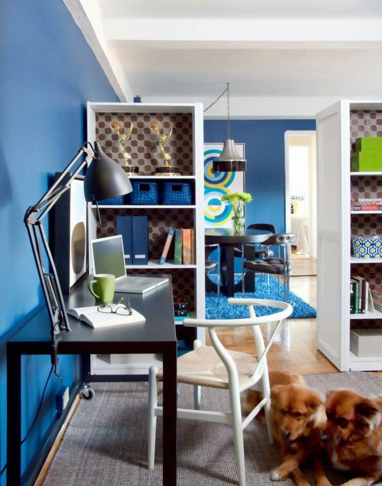 rum-städade-tips-skiljevägg-hyllor-studie-vägg-färg-blå-matplats-vardagsrum
