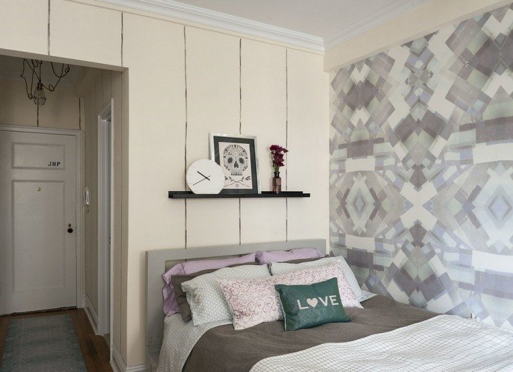 Färga rummet sovrum-elfenben-färg-geometriska-tapeter-grå