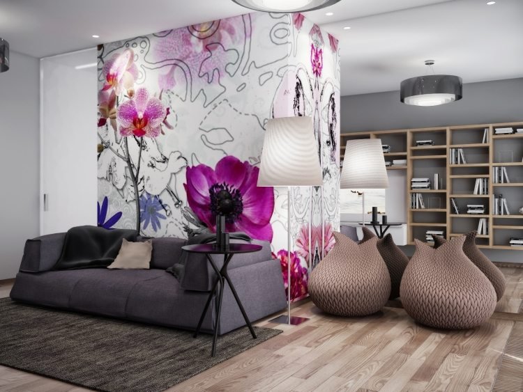 vardagsrum-färg-design-foto-tapeter-orkidéer-grå-vägg-färg