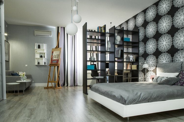 rum-färg-design-grå-vägg-färg-tapeter-cirklar-blommor-vit-svart