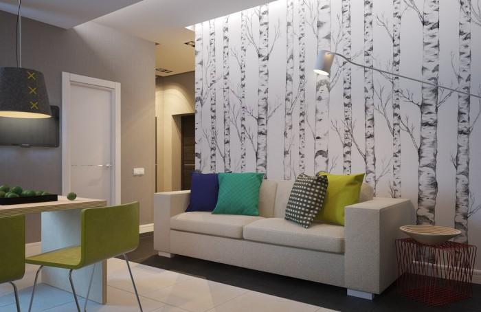 vardagsrum-färg-design-exempel-taupe-vägg-vit-tapet-björkträd-mönster