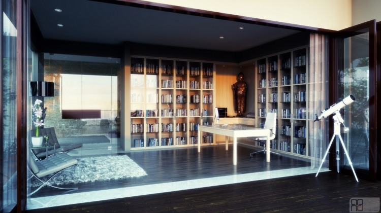 Rummets design av hemmakontoret - idéer - bokhyllor - glasfronter