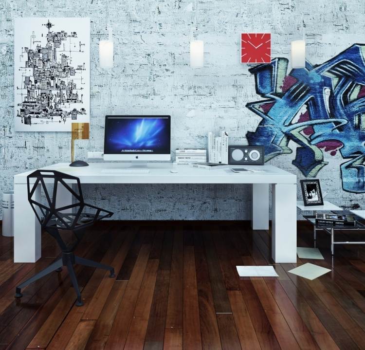 Rumsdesign av hemmakontoret -ideen-pop-art-väggdekoration-golvbräda