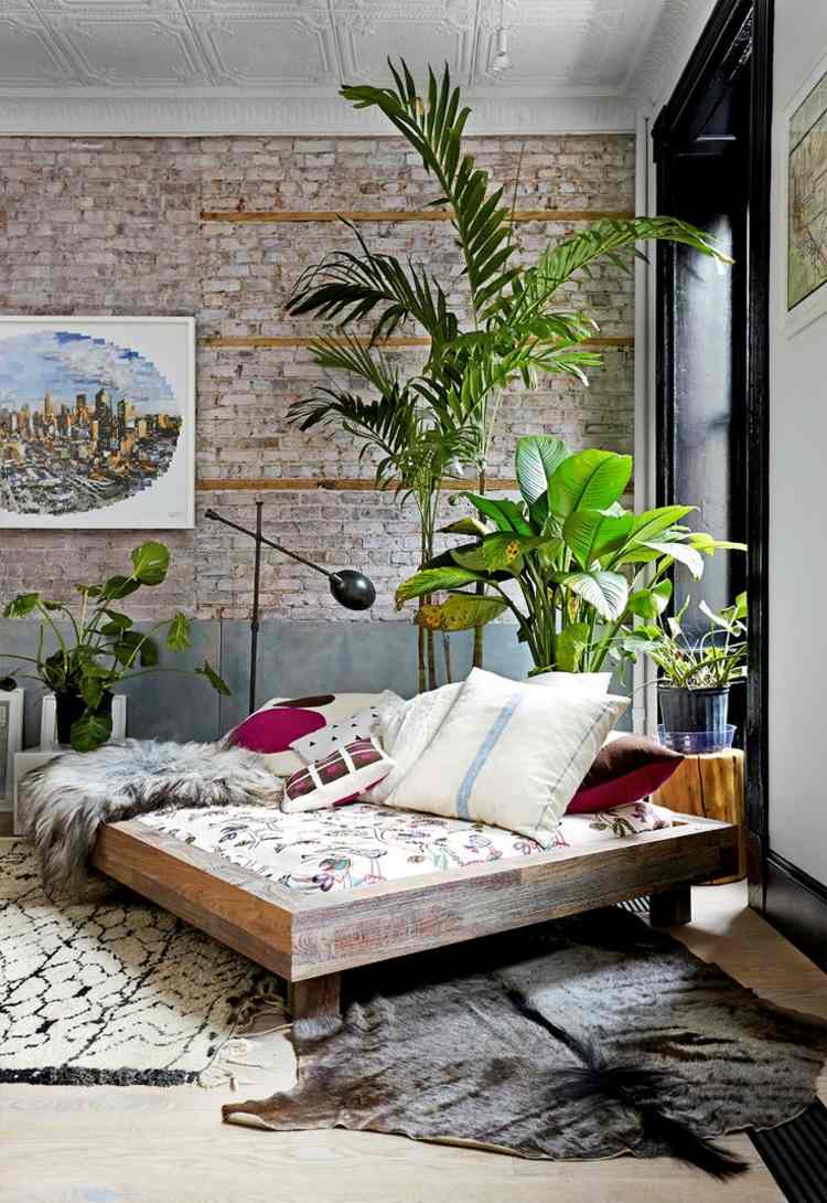 inomhus växter sovrum tegel vägg säng shabby rustik