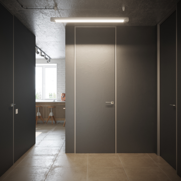 Korridordesign, rumsdörrar, grå väggfärg, enhetligt utseende
