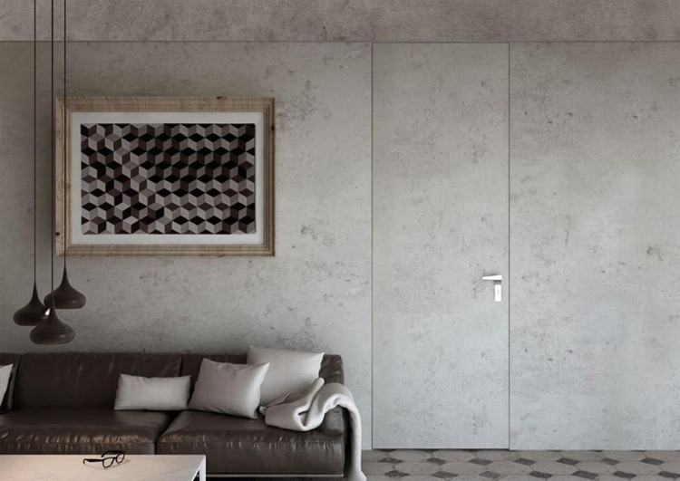 Rum dörr vägg design betong utseende vardagsrum svart soffa