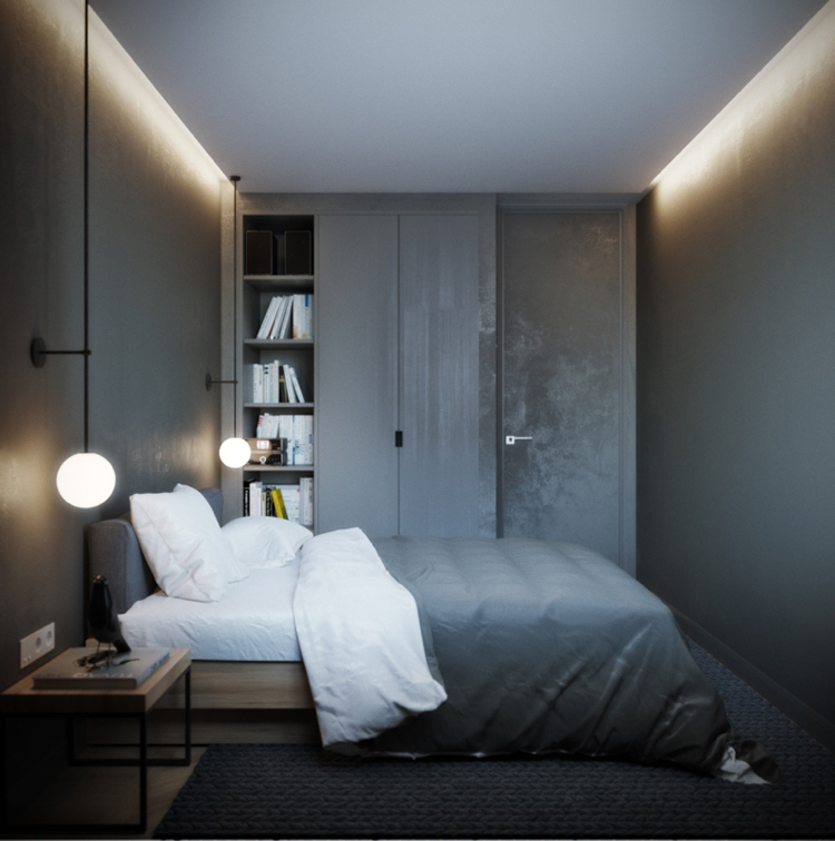Sovrum rum dörr vägg design antracit LED takbelysning