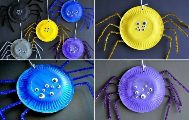 halloween hantverk med barn spindel-papper-tallrik-rör-renare-färgglada