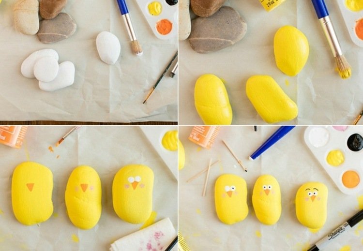 Måla helt enkelt stenar Instruktioner för gula ungar till påsk