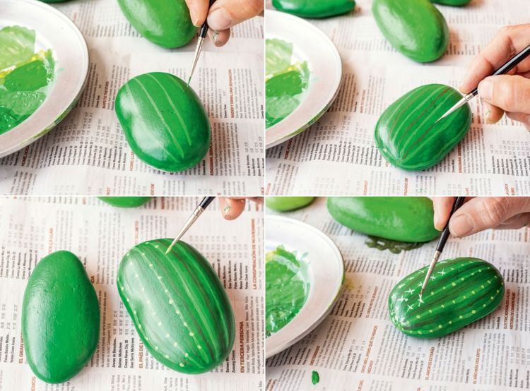 Hur man målar stenar Instruktioner för kaktus i grönt och med taggar