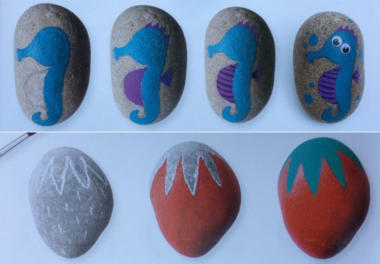 Hur man målar steninstruktioner för barn och vuxna - sjöhäst och jordgubbe