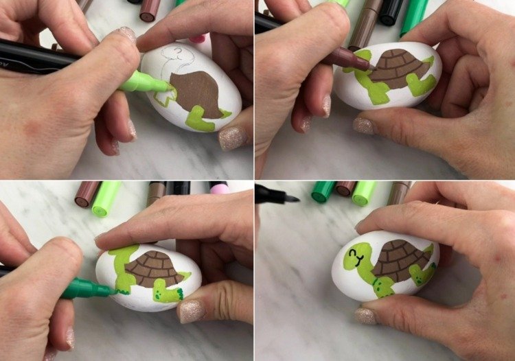 Använd tuschpennor för att måla på stenar - sött sköldpaddsmotiv