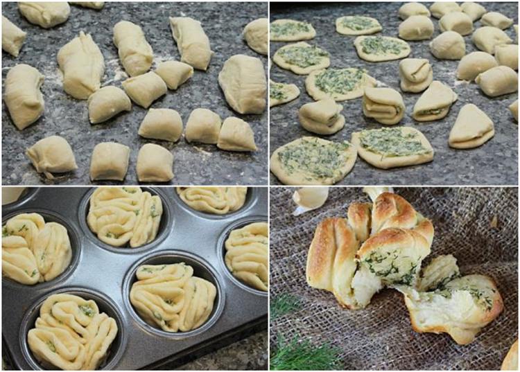 Minimått vikt bröd från muffinsformen med örtsmör och vitlök