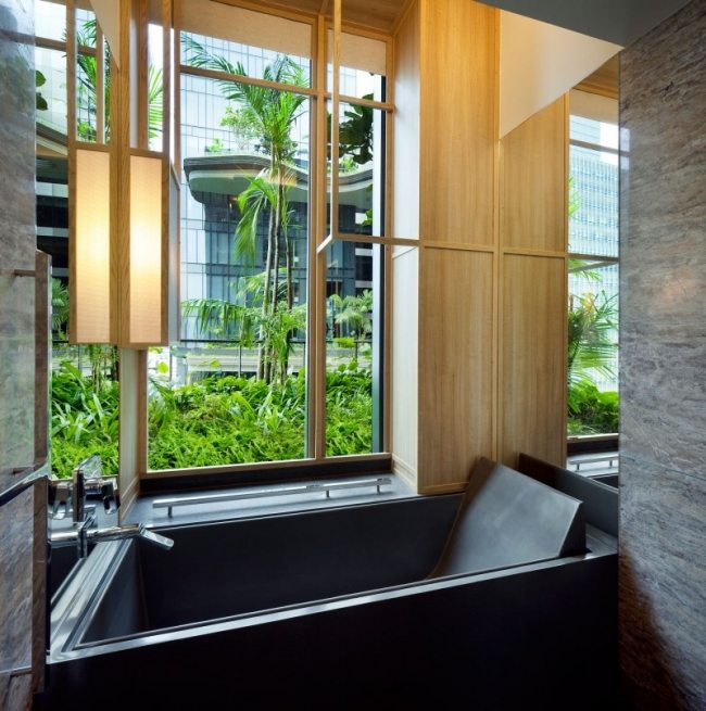 badrum trädgård utsikt parkroyal hotelldesign i singapore