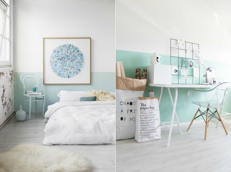 tvåfärgad-vägg-design-idéer-trend-färg-mintgrön-vit-sovrum